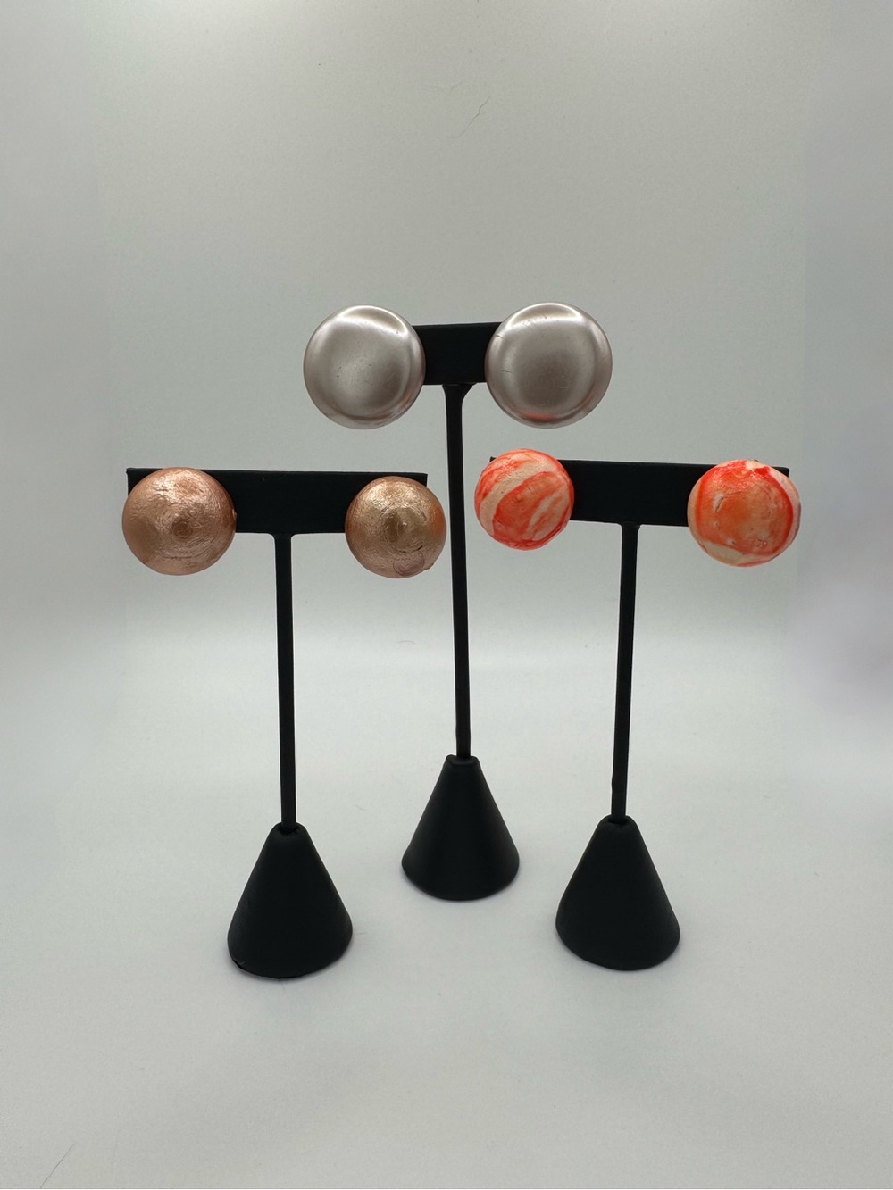 Vintage Set of Three Button Clip On Earrings Manufactured in Japan